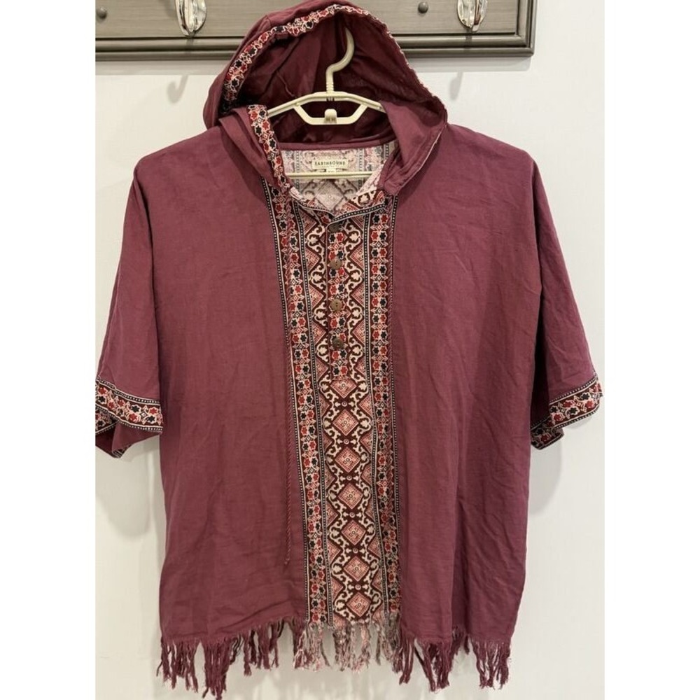Earthbound Trading Co Linen Cotton Blend Short Sleeve Trim Fringe Hood Shirt XXL